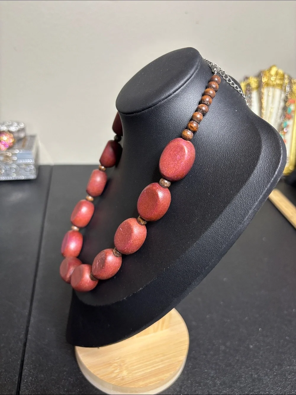 Handcrafted Boho Maroon Brown Chunky Wooden Bead Necklace